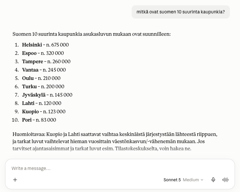 Kuvakaappaus Clauden vastauksesta Suomen top 10 kaupungeista.