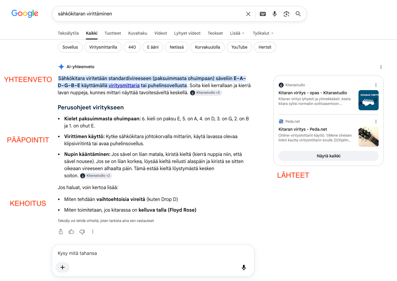 Kuvakaappaus Googlen AI Overviewsta merkattuna eri osioilla