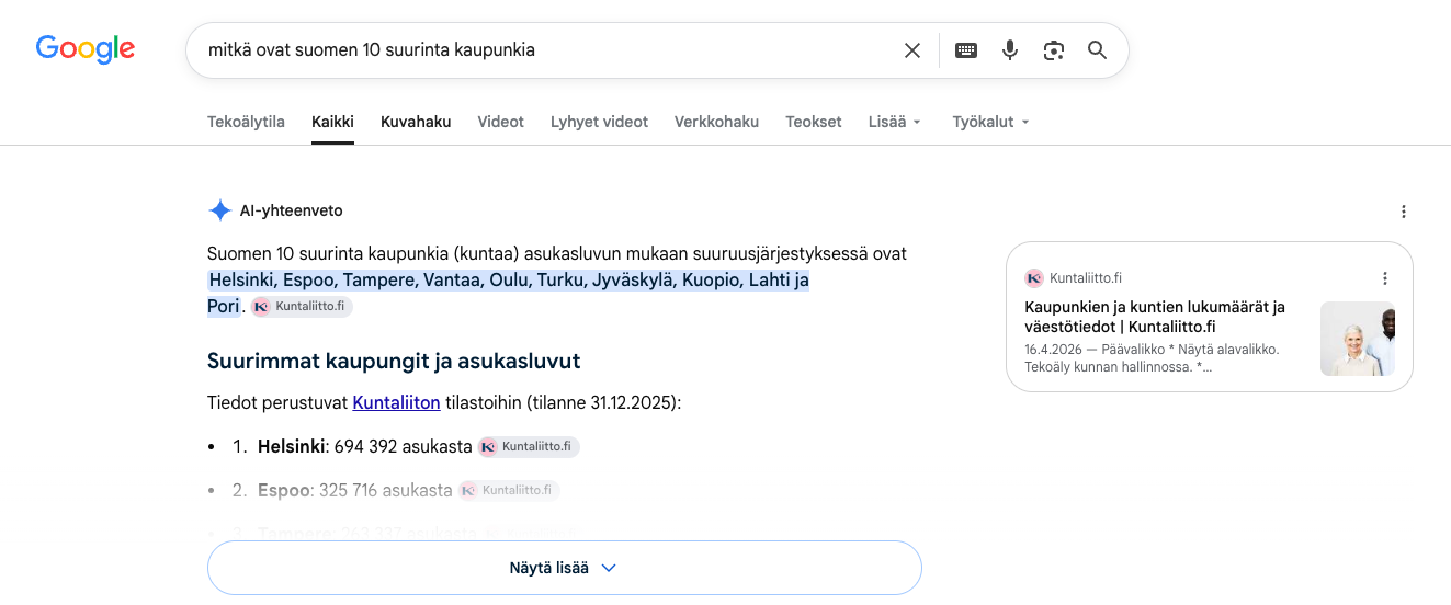 Kuvakaappaus Googlen AI Overview -yhteenvedosta hakutuloksissa.